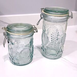 Vintage Embossed Fuit Pattern Glass Canister Set with Wire Bale Hinges, Set of 2
